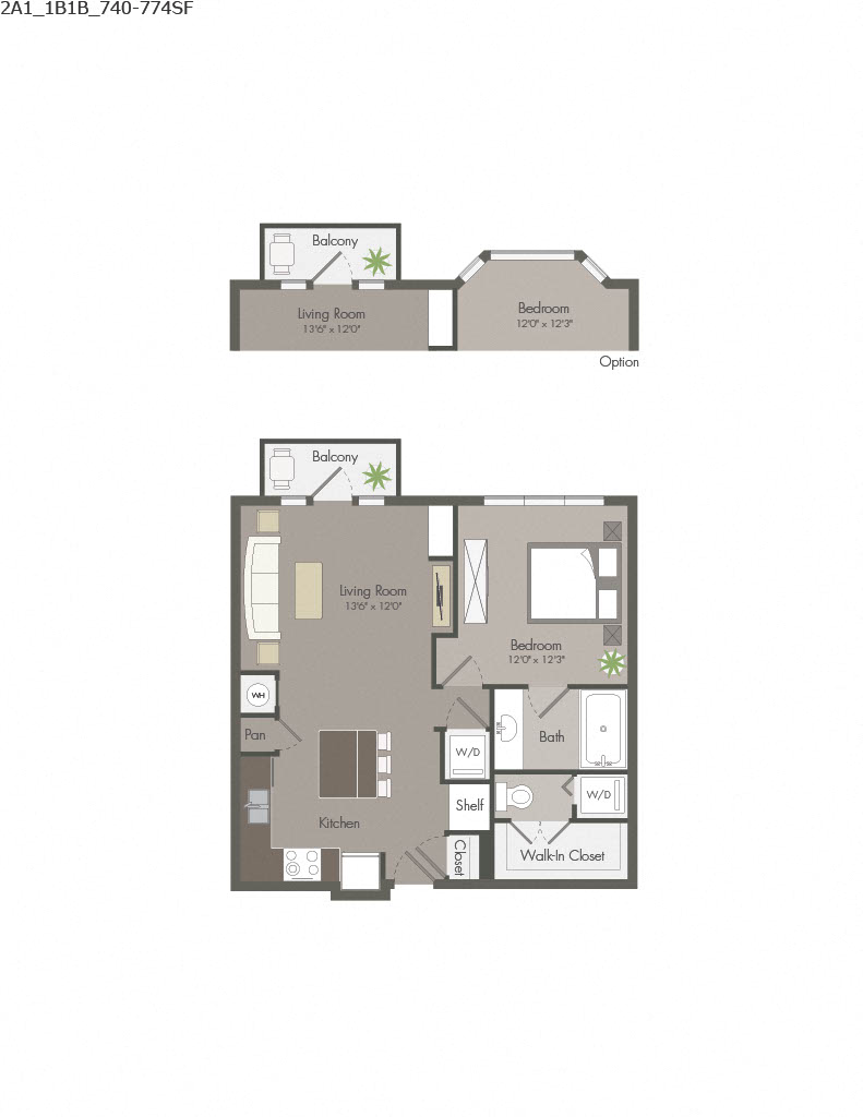 Floor plan for 1 bed, 1 bath, 752 sqft